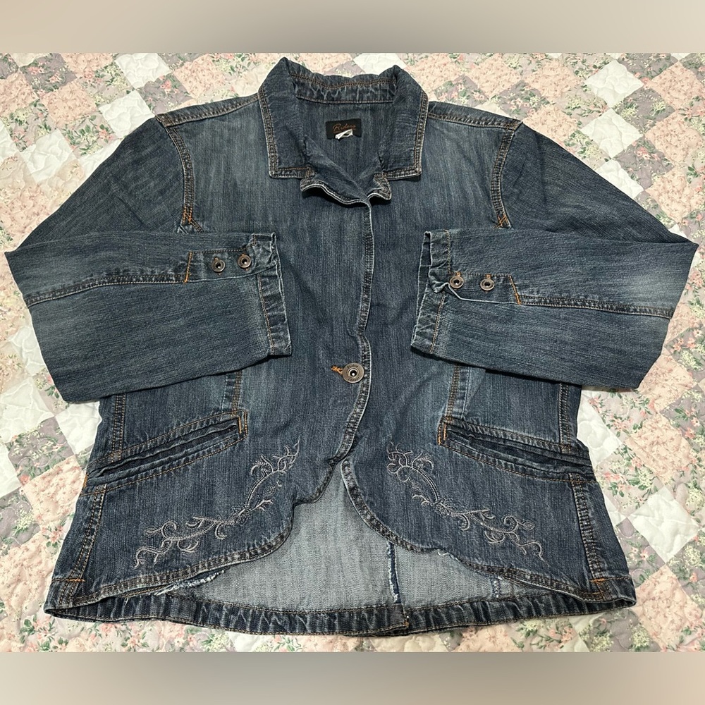 Ladies Dark Wash Denim Jacket with Embroidered Hem